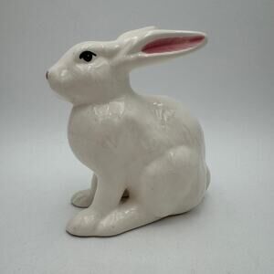 Vintage Large White George Good Ceramic Bunny Figurine Pink Ears 6" x 7"